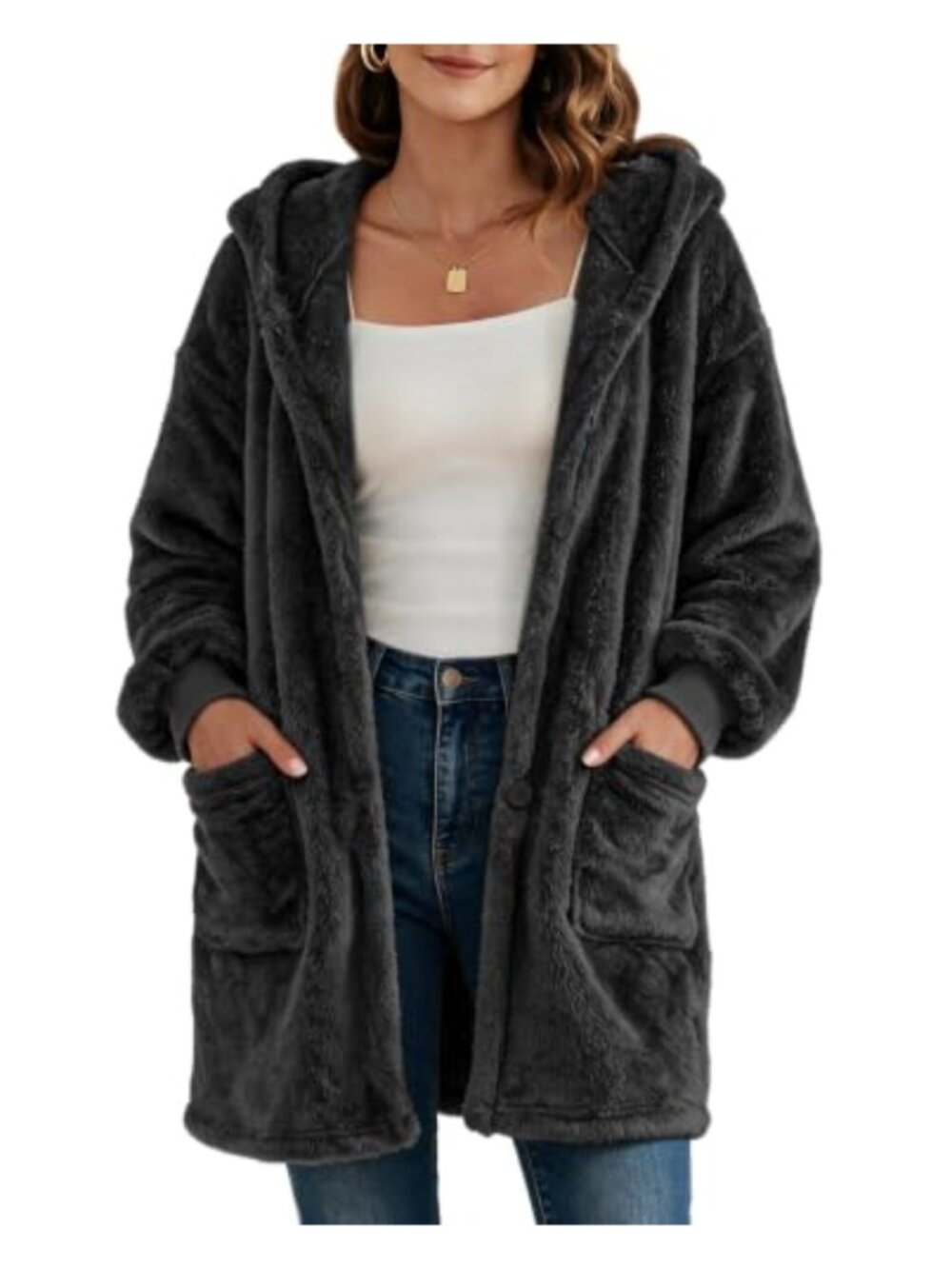 Oversized Fuzzy Fleece Hooded Cardigan Sweatshirt Button Open Front